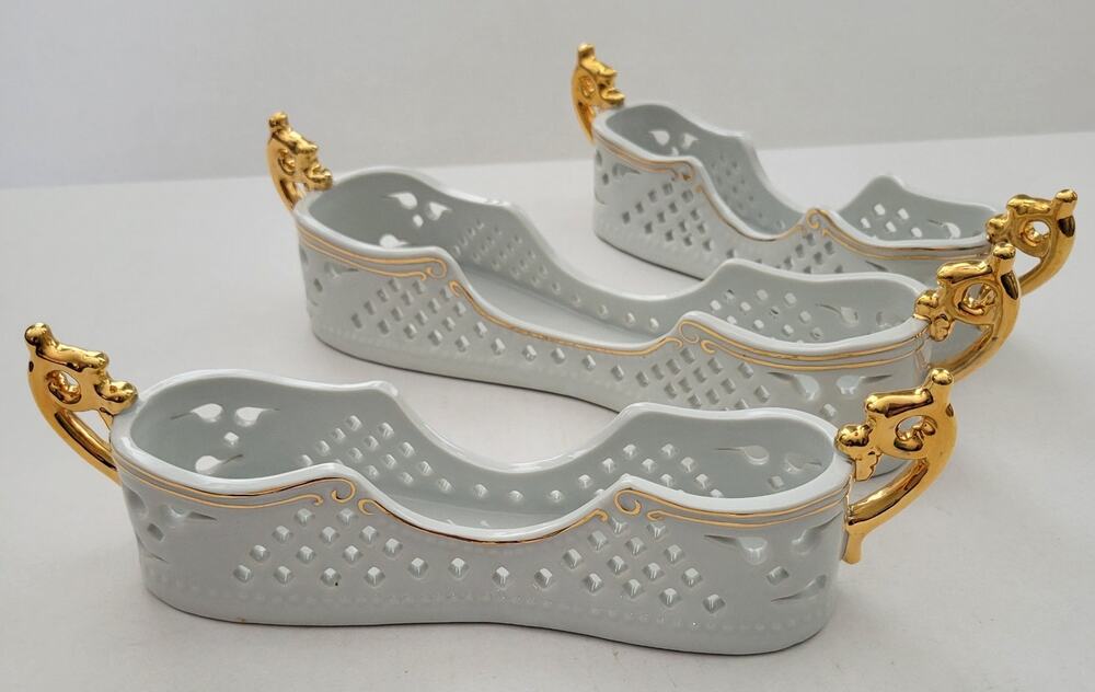 Set of 3 Porcelain Treasures Silverware Buffet Holders White & Gold Trim Handles